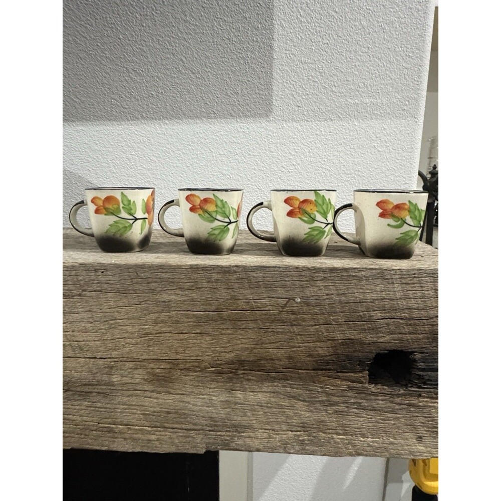Vintage Mexican Pottery Mugs Set of 4 Hand Painted Floral Orange Black Rim
